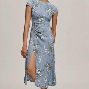 Reformation Slate Blue Floral Ruched Midi Dress